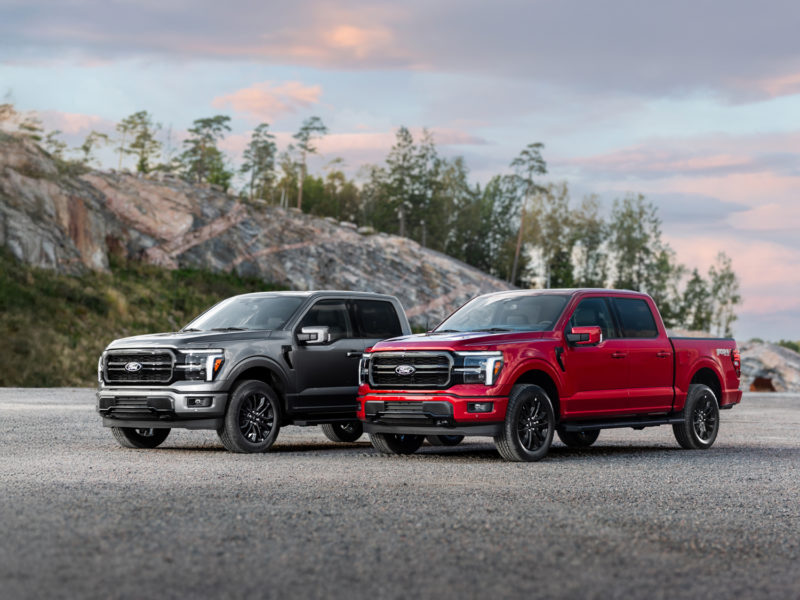 Bild på två Ford F-150. En grå och en röd.